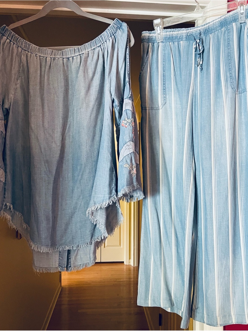 Cato Light Blue Chambray Off-Shoulder, cold shoulder Top & Striped Wide-Leg Pant